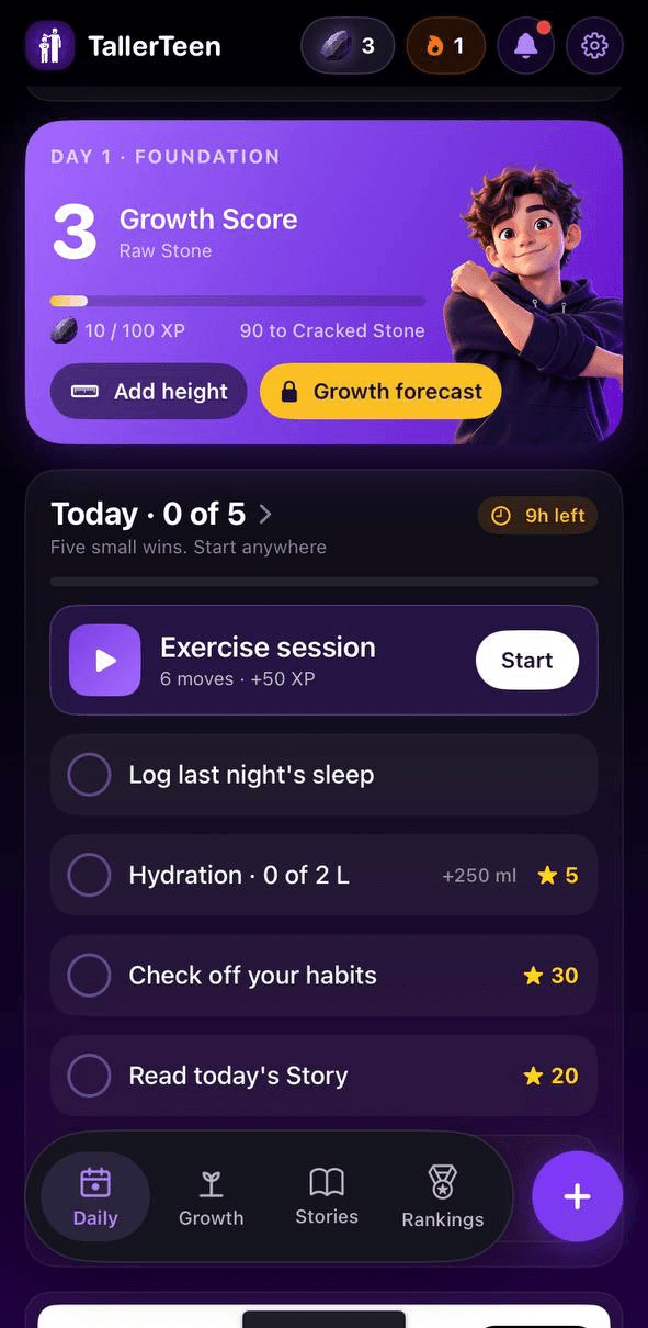 TallerTeen daily tab with growth score and five daily wins